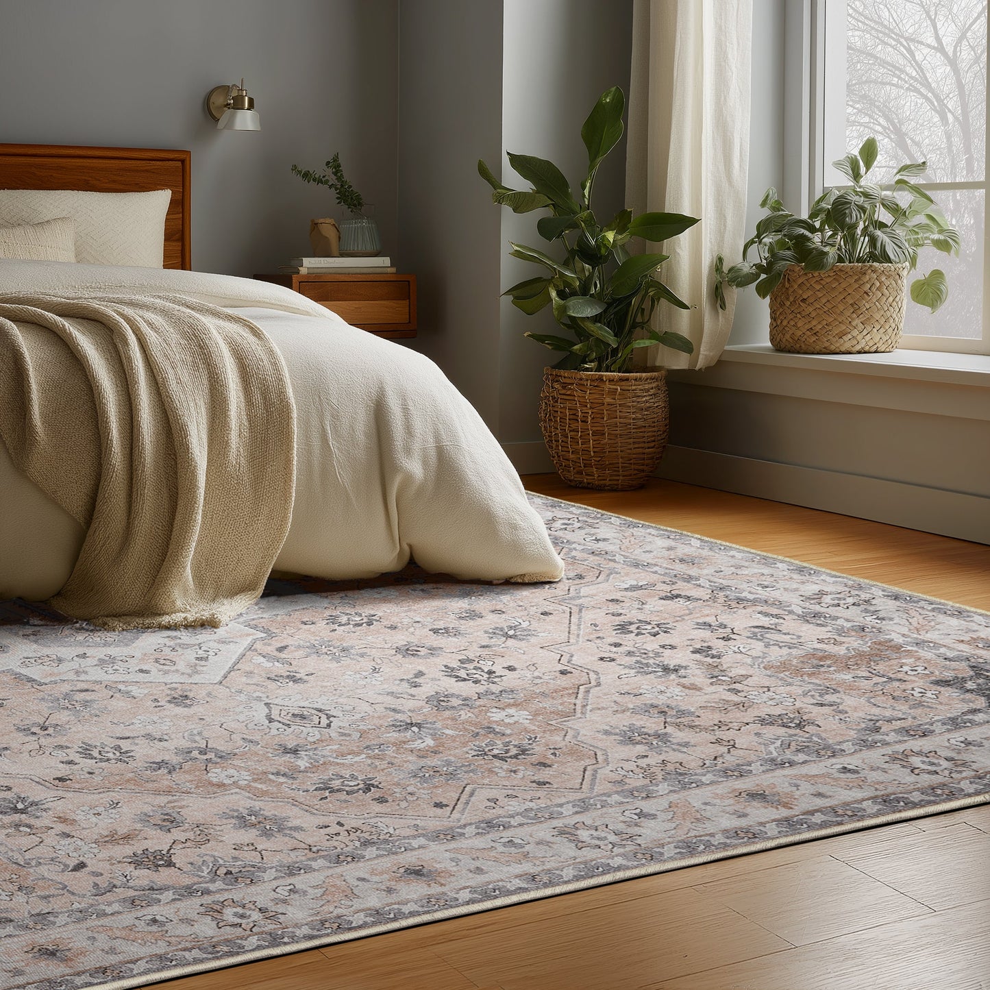 Amara Rug – Blush & Grey in bedroom