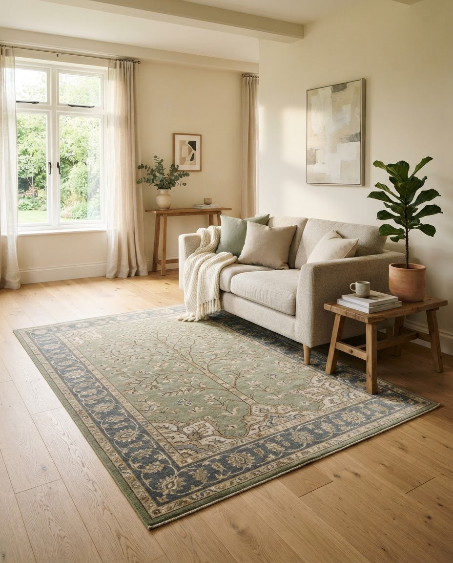 Bradshaw Rug in Sage & Blue styled in a living room