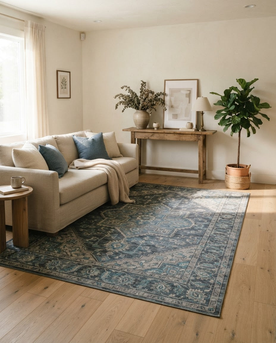 Kamran Rug in Blue Quartz styled in a living room