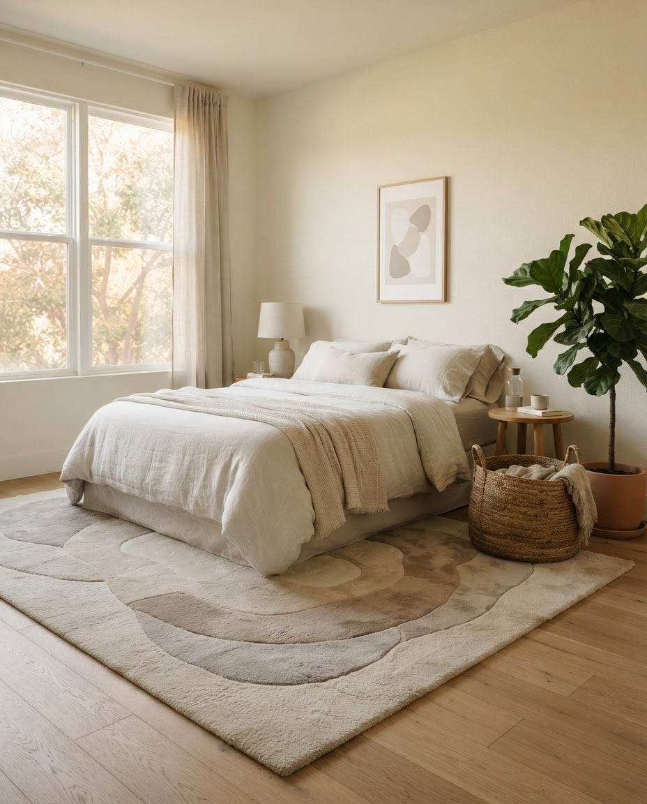 Leia Rug in Neutral styled in a bedroom