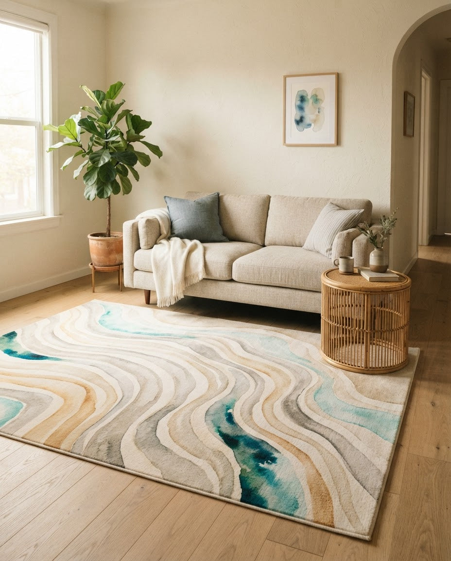 Petra Rug in Sand & Sea styled in a living room
