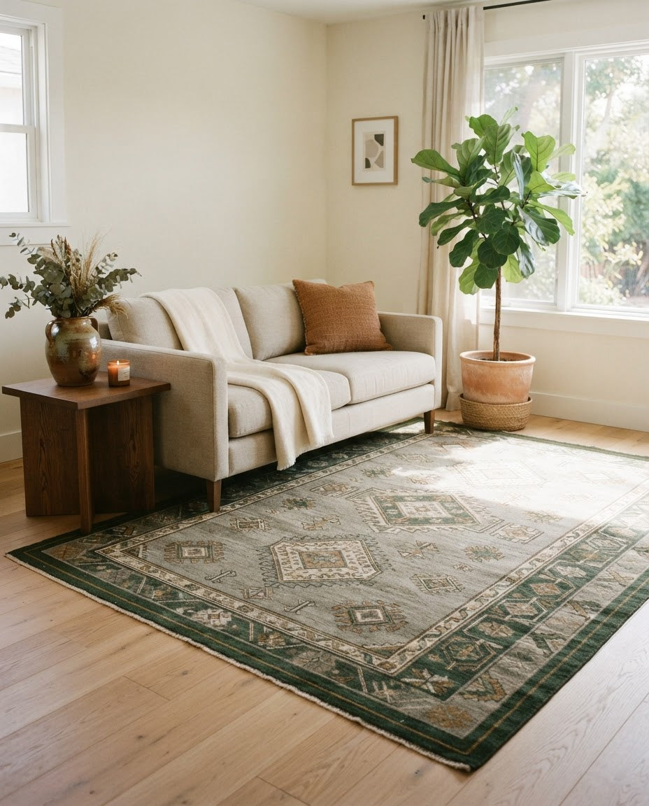 Sable Rug in Green & Multi styled in a living room