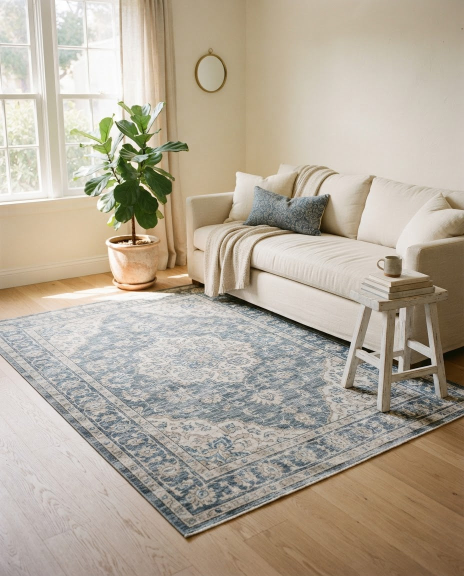 Sarrah Rug in Blue Quartz styled in a living room