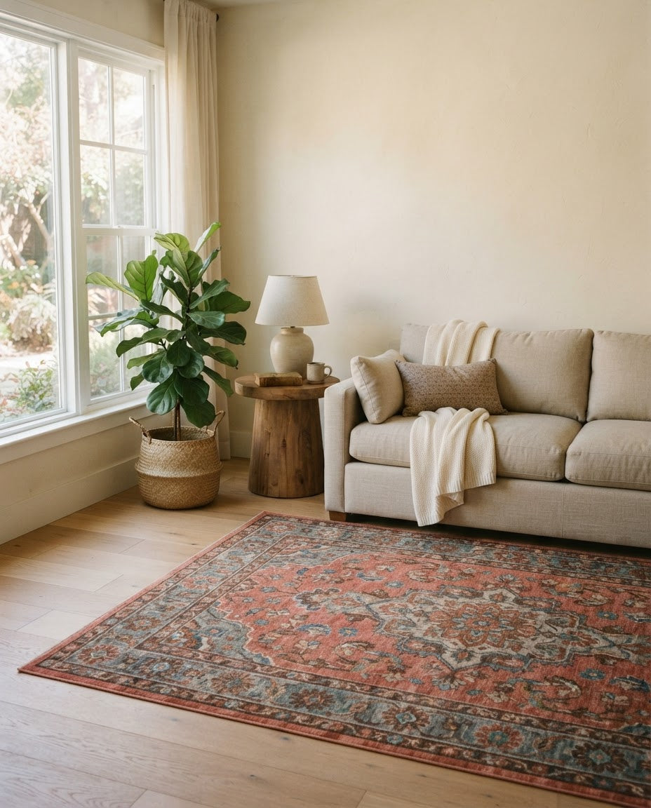 Sarrah Rug in Coral styled in a living room