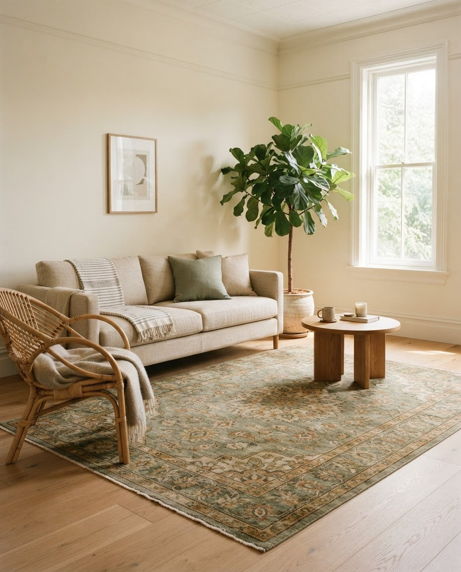 Sarrah Rug in Sage styled in a living room