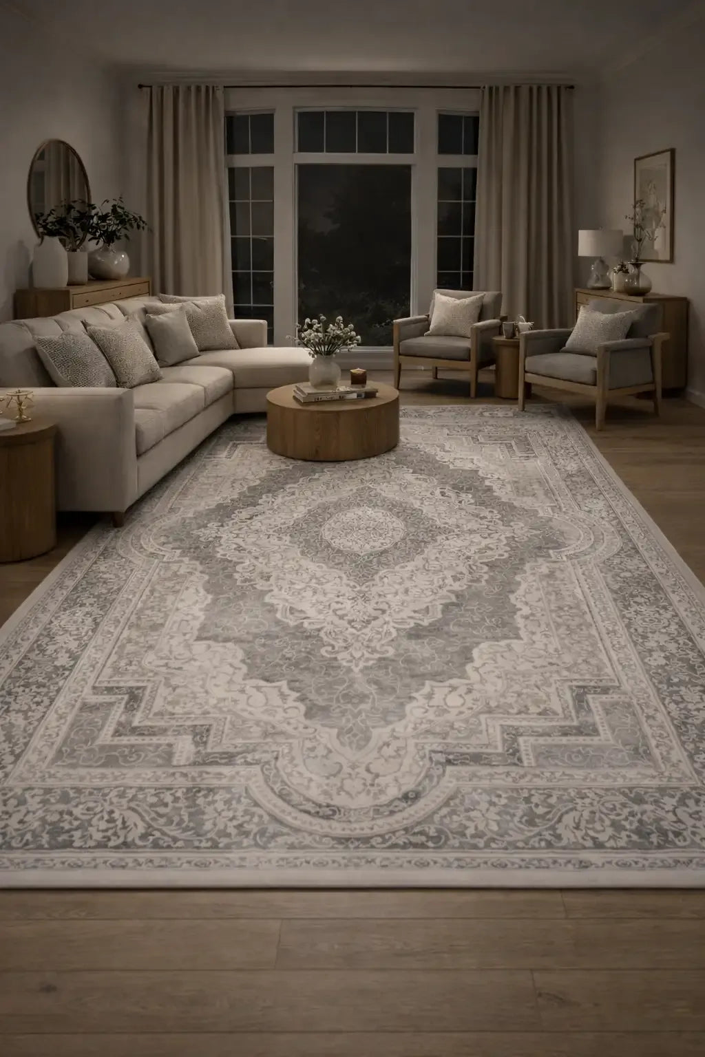 Tomasio Classic Rug Ivory and Grey in room